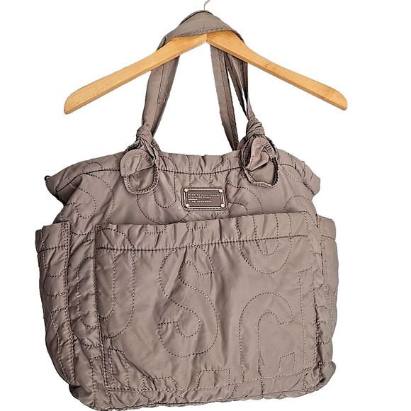 Marc By Marc Jacobs Taupe Green Nylon Quilted Tote Bag Shopper Purse Gym Slouchy - Picture 1 of 15